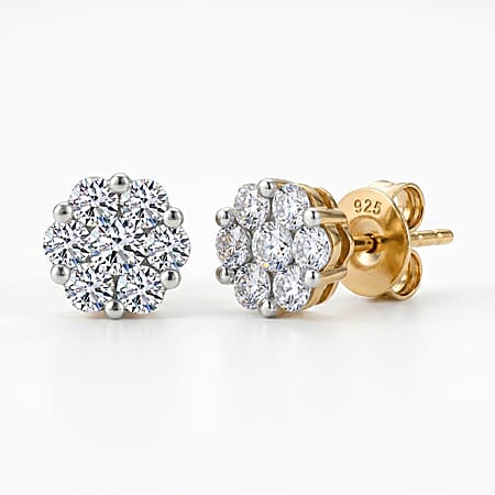 LUXURIANT 0.50 Ct. Lab Grown Diamond Floral Stud Push Post Earrings in 18K Yellow Gold Vermeil Plated Sterling Silver
