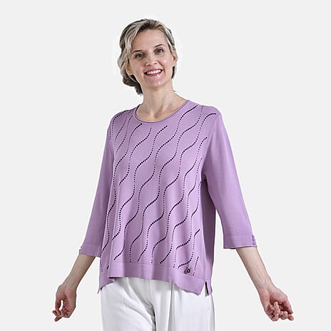 La Marey Wavy Pattern Three-Quarter Sleeve Blouse (Size L) - Purple