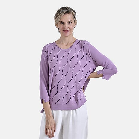 La Marey Wavy Pattern Three-Quarter Sleeve Blouse (Size L) - Purple