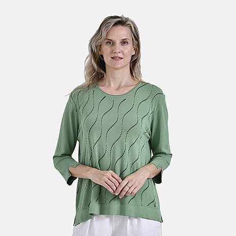 La Marey Wavy Pattern Three-Quarter Sleeve Blouse (Size L) - Olive Grove