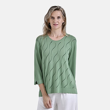 La Marey Wavy Pattern Three-Quarter Sleeve Blouse (Size XXL) - Olive Grove