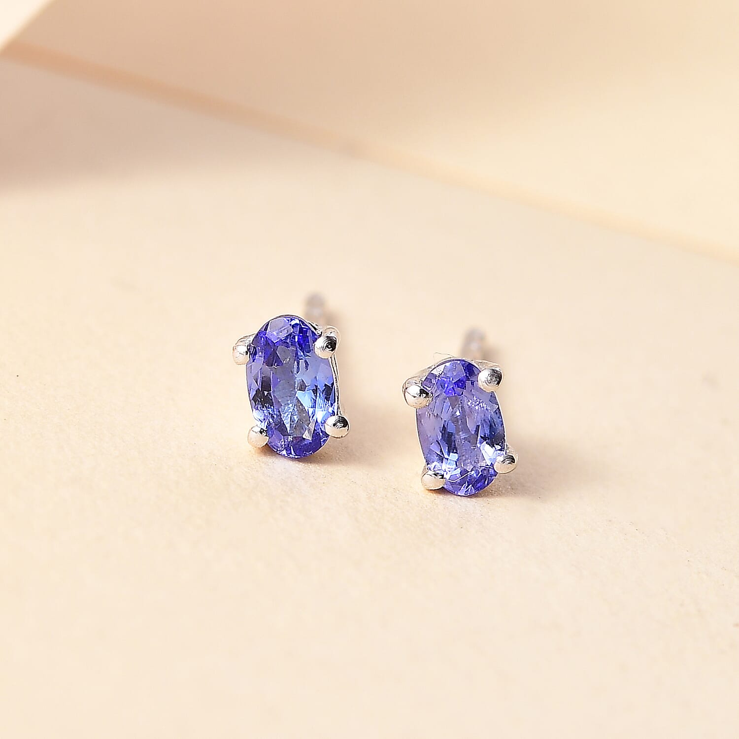 Tanzanite Solitaire Stud Earring With Push Back in Rhodium Overlay Sterling Silver