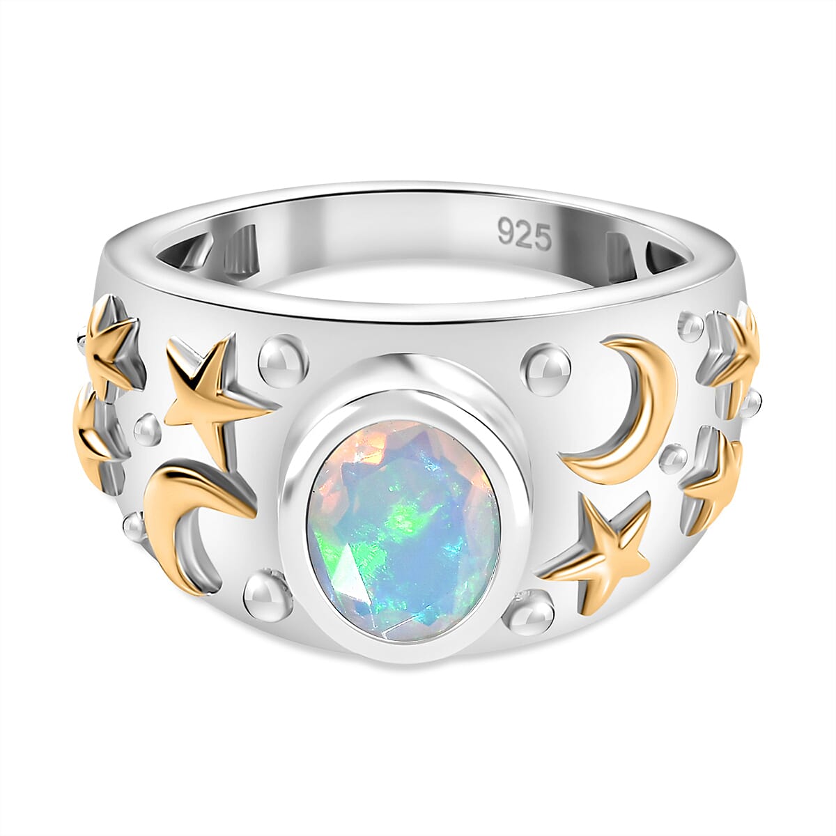 Ethiopian Opal Solitaire Ring 18K Vermeil Yellow Gold Plated & Rhodium