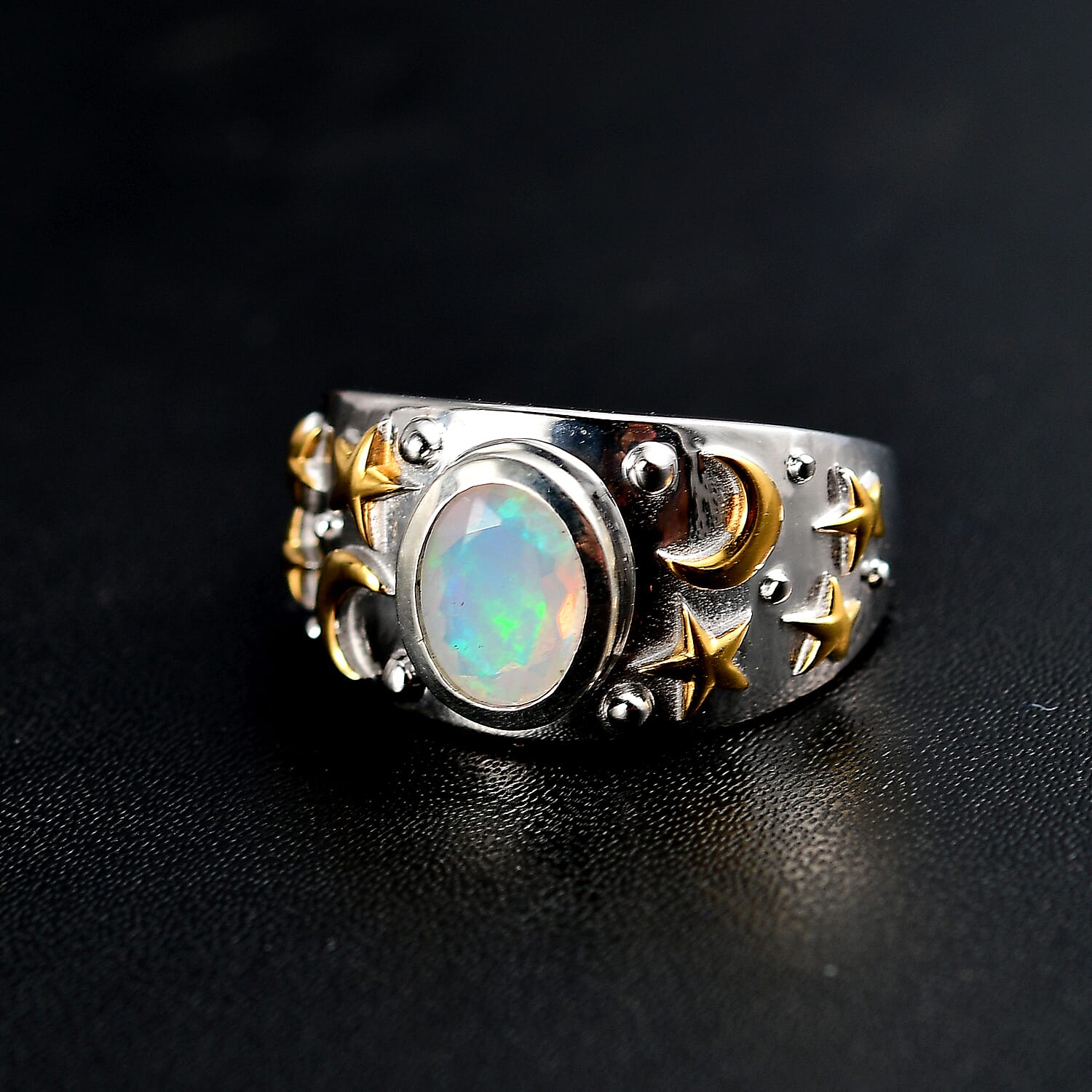 Ethiopian Opal Solitaire Ring 18K Vermeil Yellow Gold Plated & Rhodium