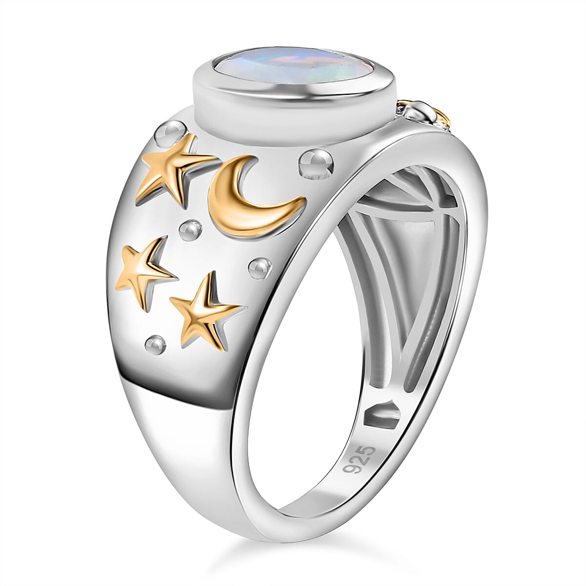 Ethiopian Opal Solitaire Ring 18K Vermeil Yellow Gold Plated & Rhodium