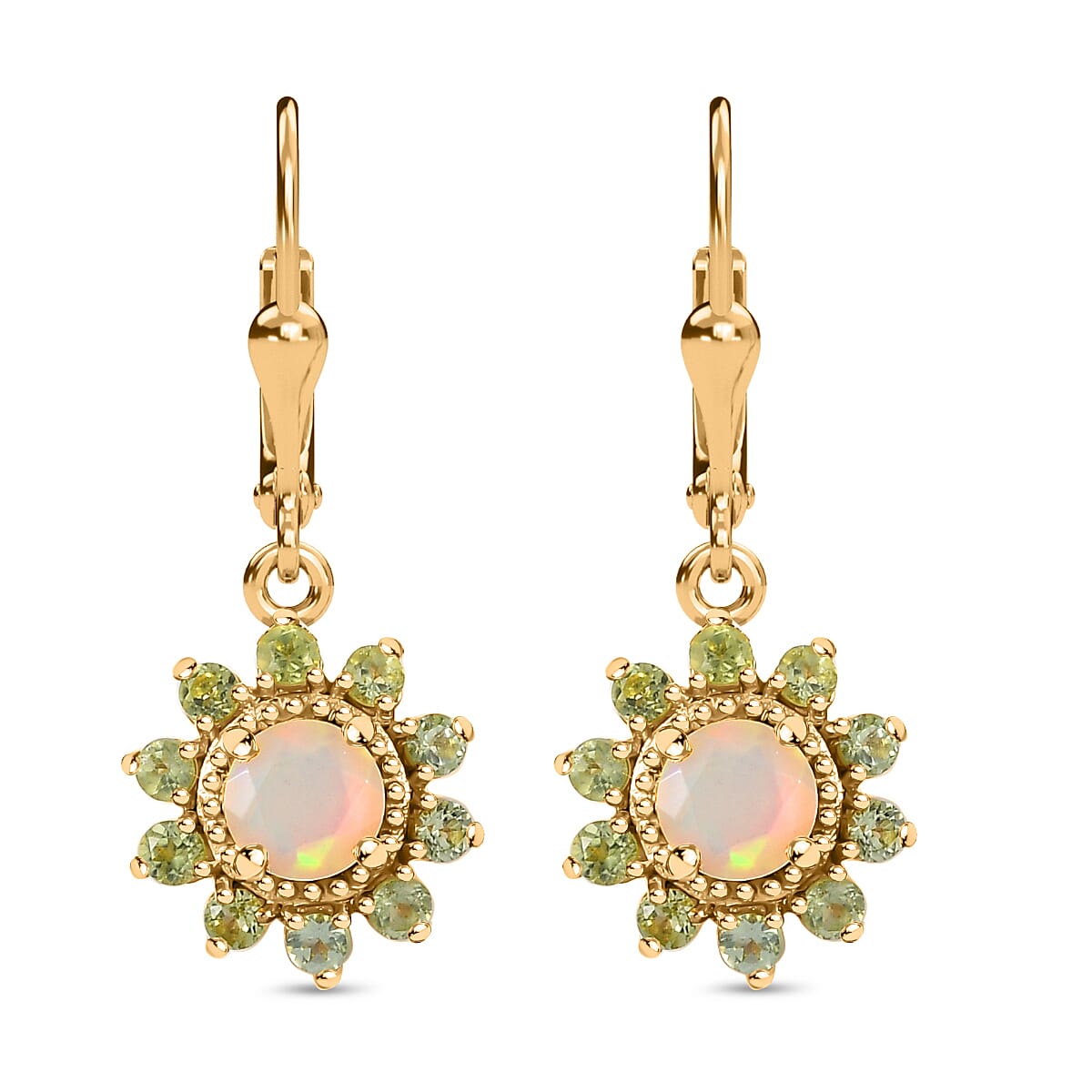 Ethiopian Opal & Peridot Solitaire Lever Back Earring With Lever Back in 18K Vermeil Yellow Gold 1.462 Ct.
