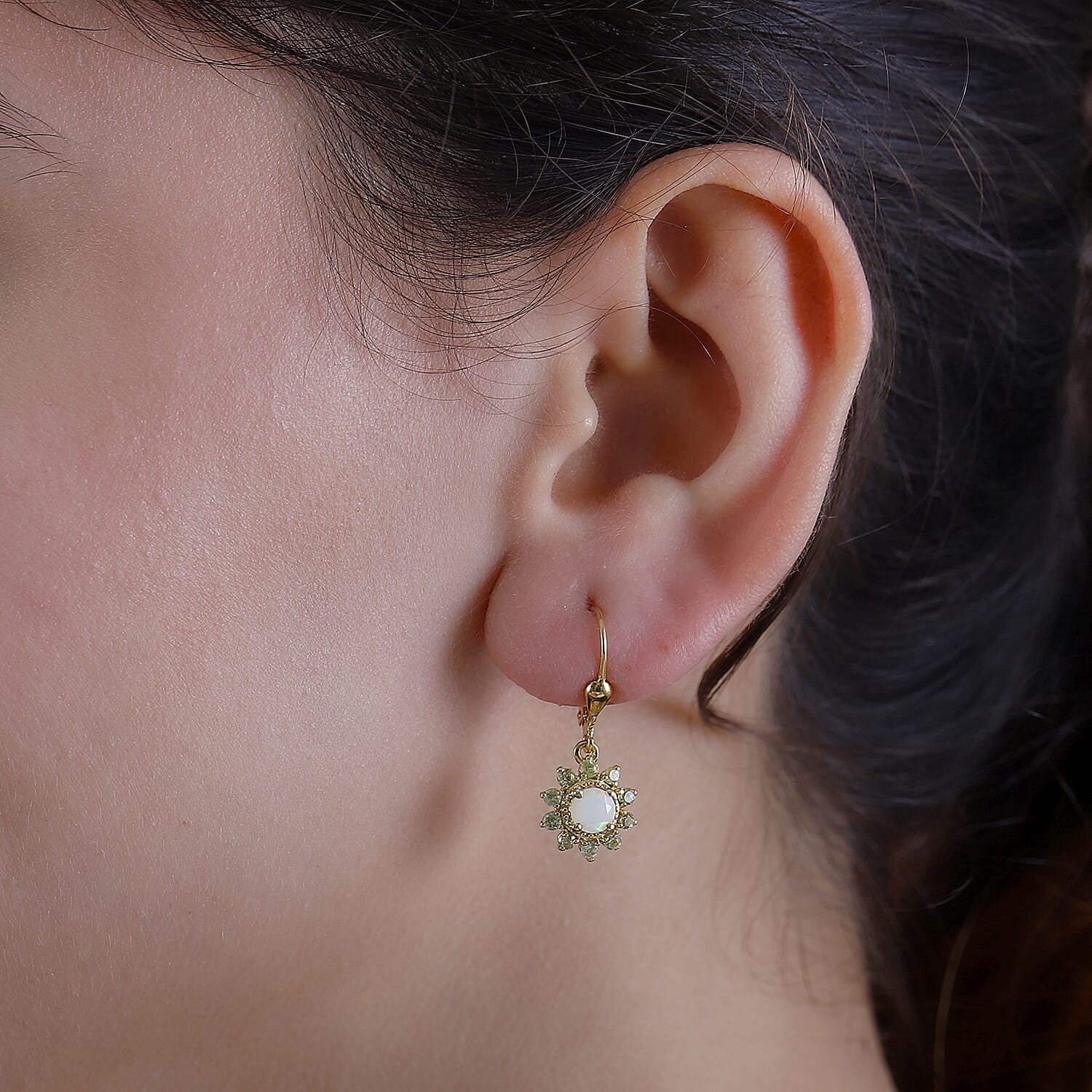 Ethiopian Opal & Peridot Solitaire Lever Back Earring With Lever Back in 18K Vermeil Yellow Gold 1.462 Ct.