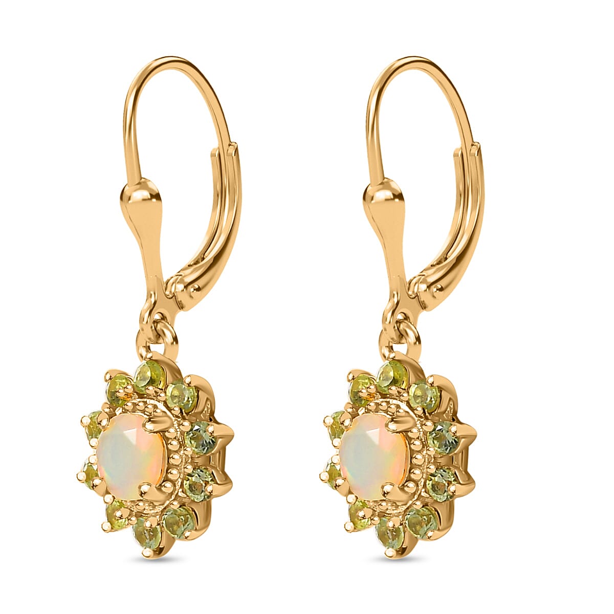 Ethiopian Opal & Peridot Solitaire Lever Back Earring With Lever Back in 18K Vermeil Yellow Gold 1.462 Ct.