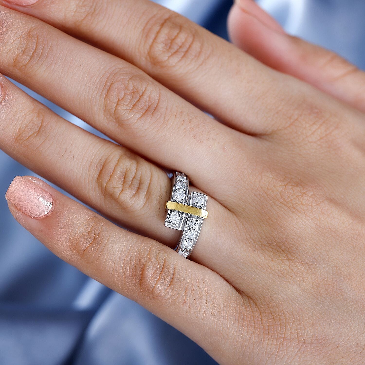 Designer Inspired - Luxuriant Lab Grown Diamond (F-SI) Bypass Ring in 18K Vermeil Yellow Gold Plated & Rhodium Overlay Sterling Silver 0.65 Ct.