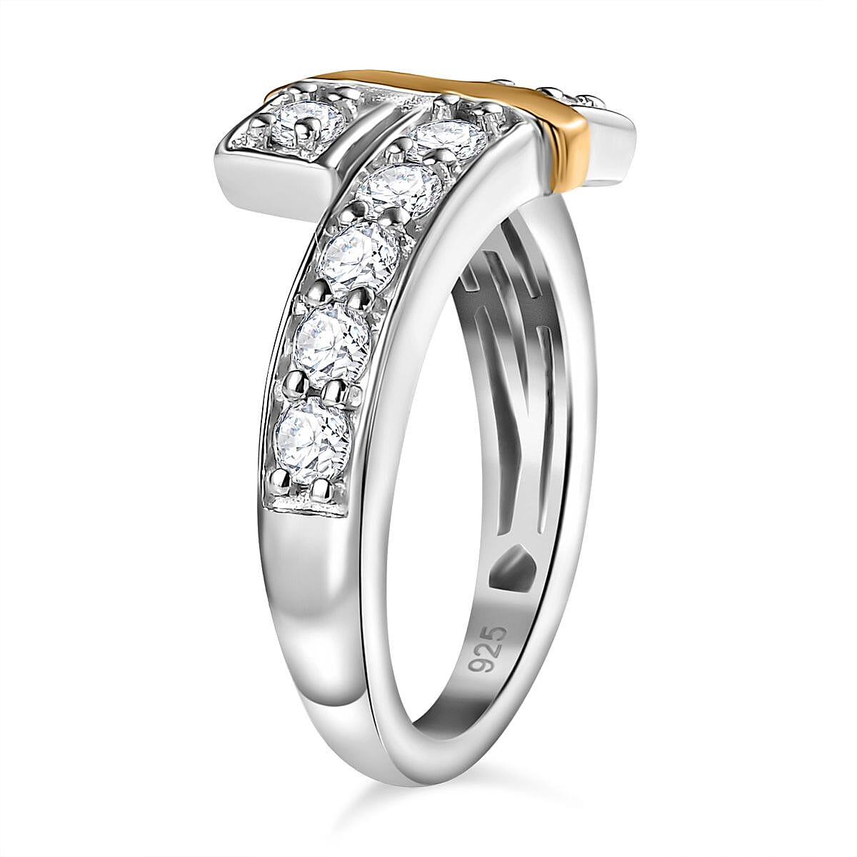Designer Inspired - Luxuriant Lab Grown Diamond (F-SI) Bypass Ring in 18K Vermeil Yellow Gold Plated & Rhodium Overlay Sterling Silver 0.65 Ct.