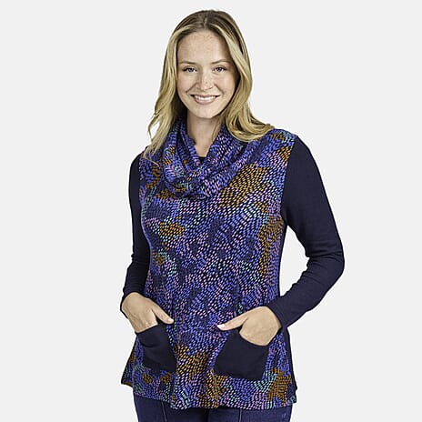 Mudflower Abstract Printed Cowl Neck Top (Size 18) - Blue