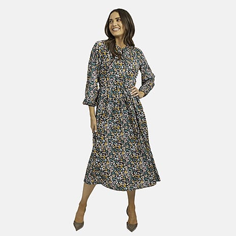 Mudflower Floral Pattern Tie Waist Midi Dress (Size 12) - Spruce