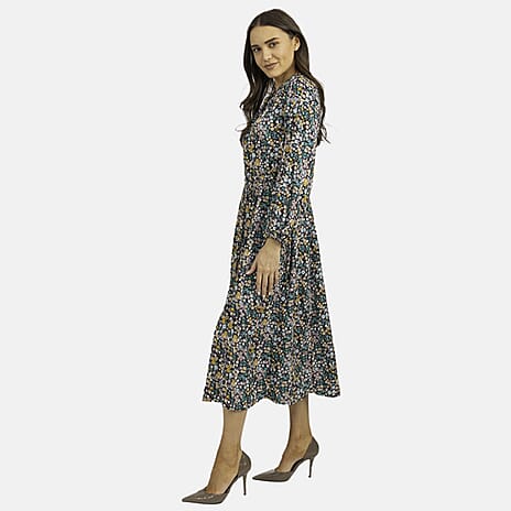 Mudflower Floral Pattern Tie Waist Midi Dress (Size 12) - Spruce
