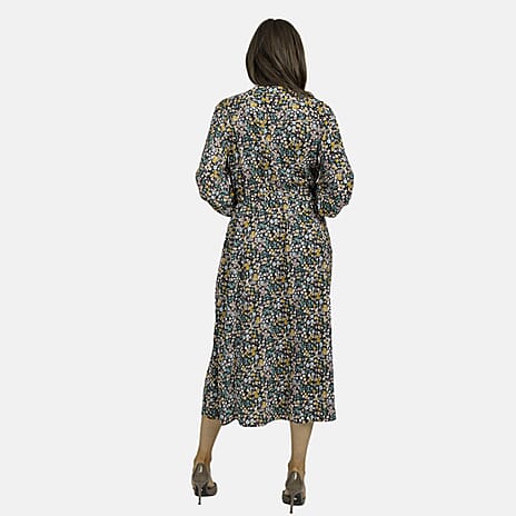 Mudflower Floral Pattern Tie Waist Midi Dress (Size 12) - Spruce