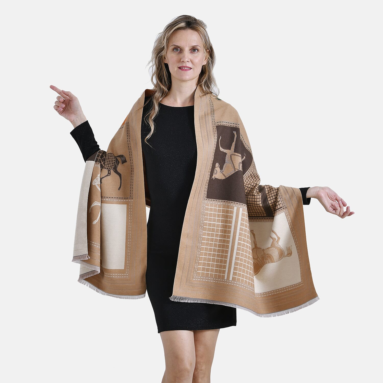 CLOSEOUT DEAL - Designer  Luxurious Horse Print Warm Shawl - Camel
