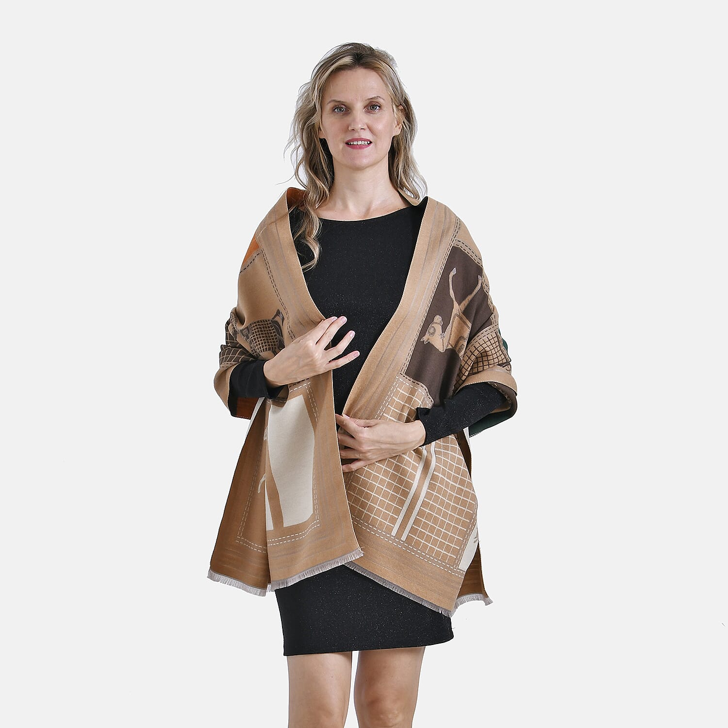 CLOSEOUT DEAL - Designer  Luxurious Horse Print Warm Shawl - Camel