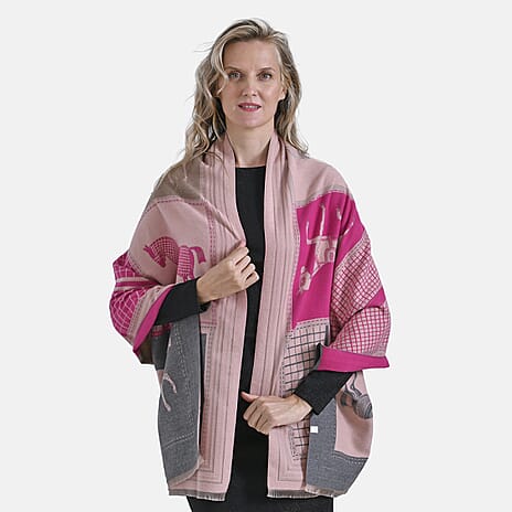 CLOSEOUT DEAL - 100% Viscose Designer  Luxurious Horse Print Warm Shawl - Pink