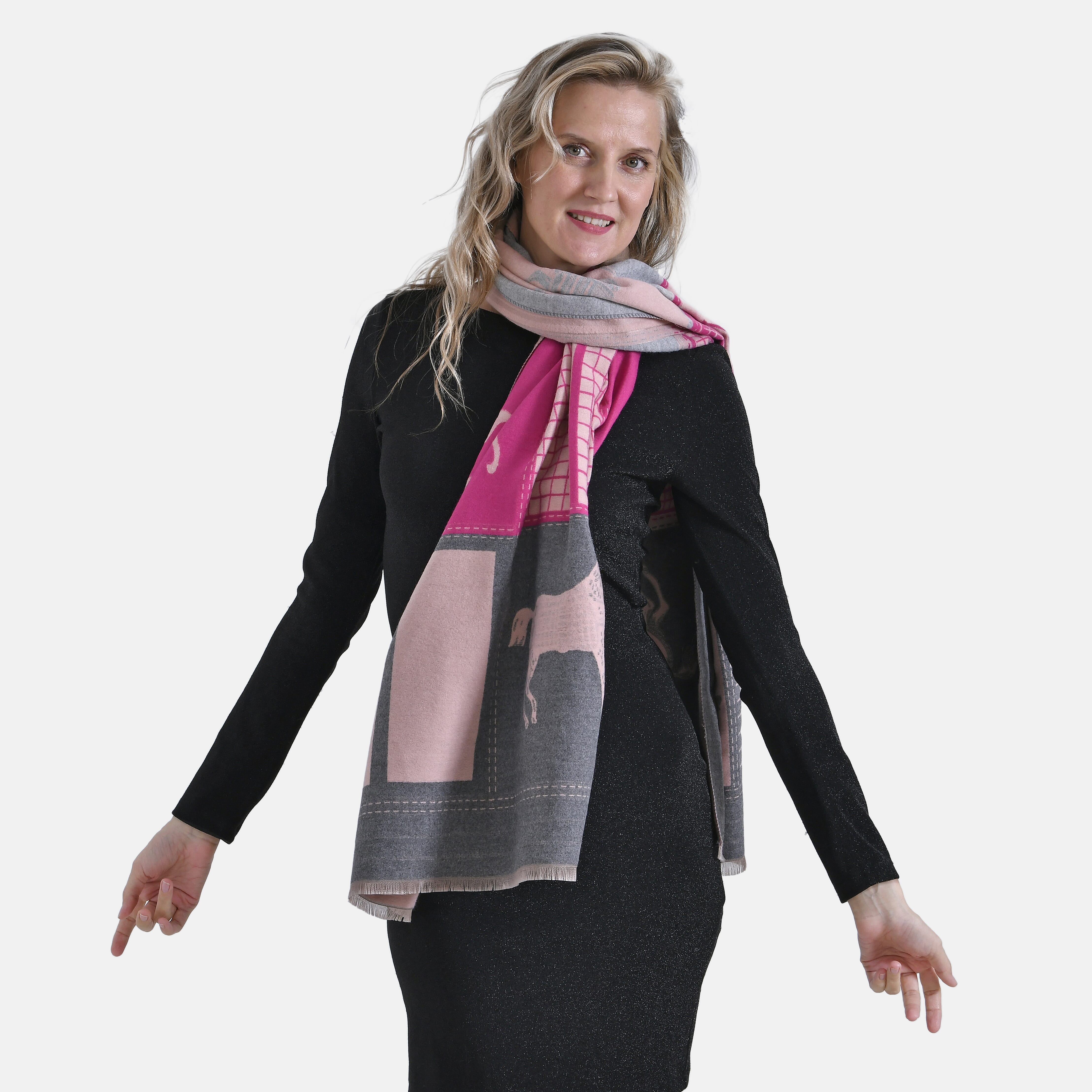 CLOSEOUT DEAL - 100% Viscose Designer  Luxurious Horse Print Warm Shawl - Pink