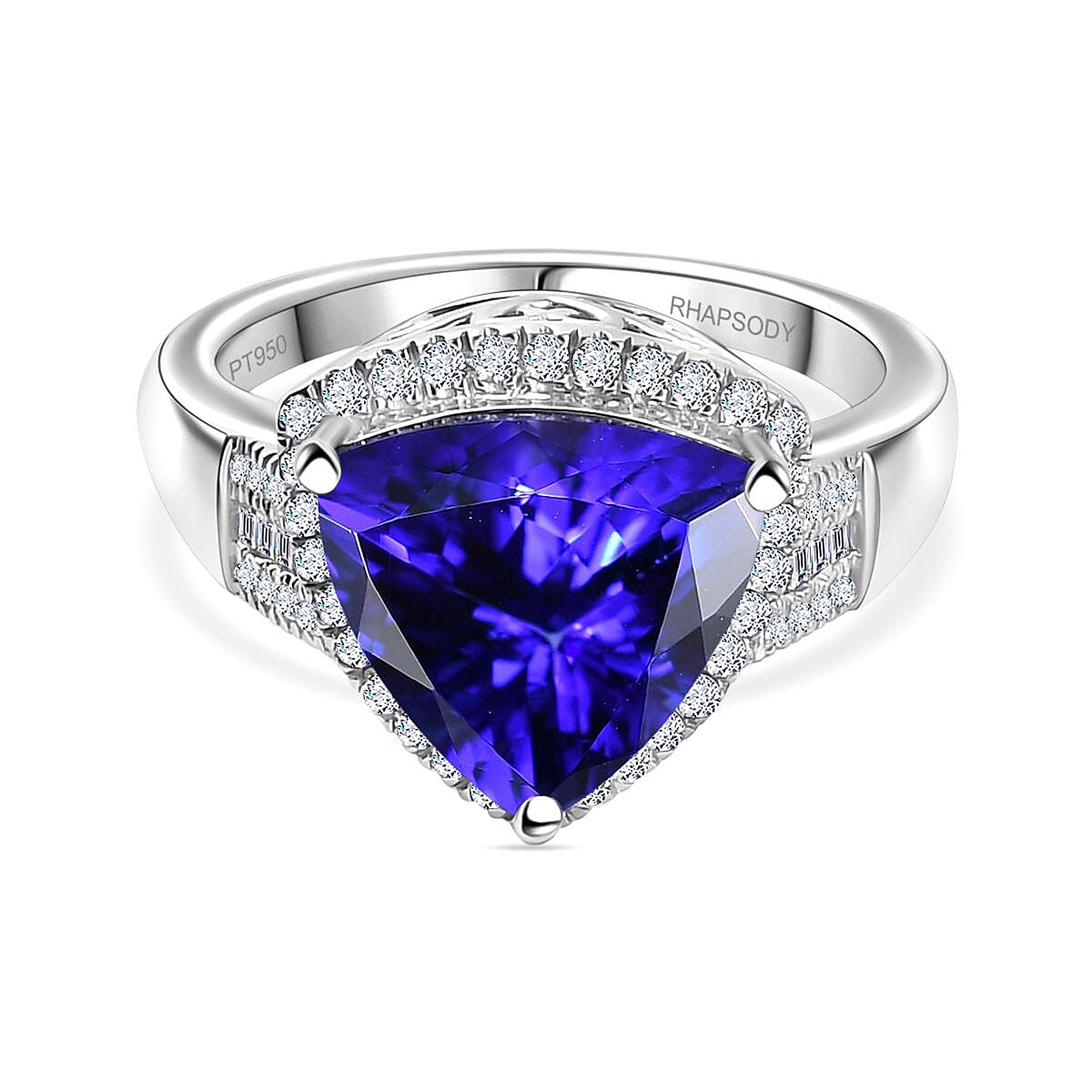 RHAPSODY 950 Platinum AAAA Tanzanite & White Diamond (VS-E-F) Trillion Ring 5.57 Ct.
