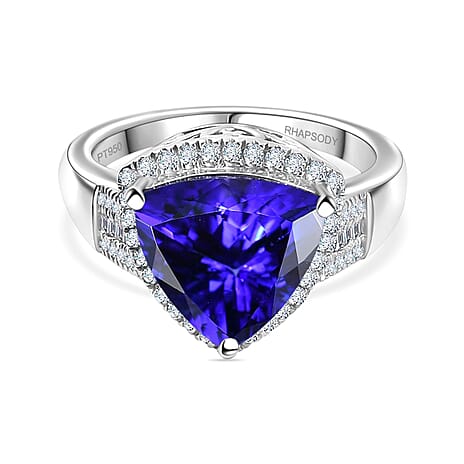 RHAPSODY 950 Platinum AAAA Tanzanite & Diamond (VS-E-F) Trillion Ring 5.63 Ct
