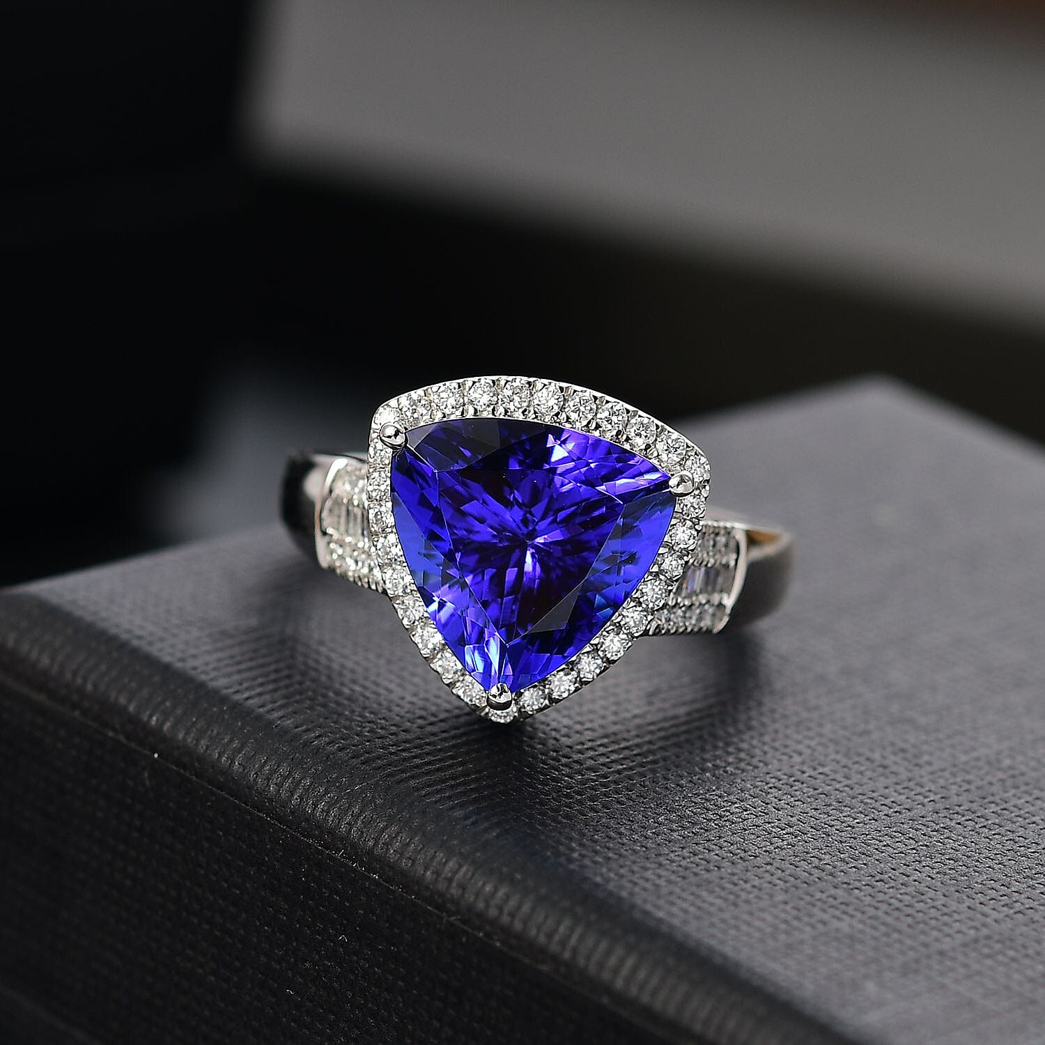 RHAPSODY 950 Platinum AAAA Tanzanite & White Diamond (VS-E-F) Trillion Ring 5.57 Ct.