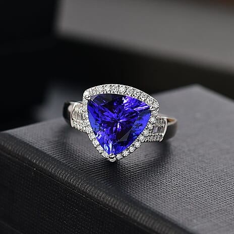 RHAPSODY 950 Platinum AAAA Tanzanite & Diamond (VS-E-F) Trillion Ring 5.63 Ct