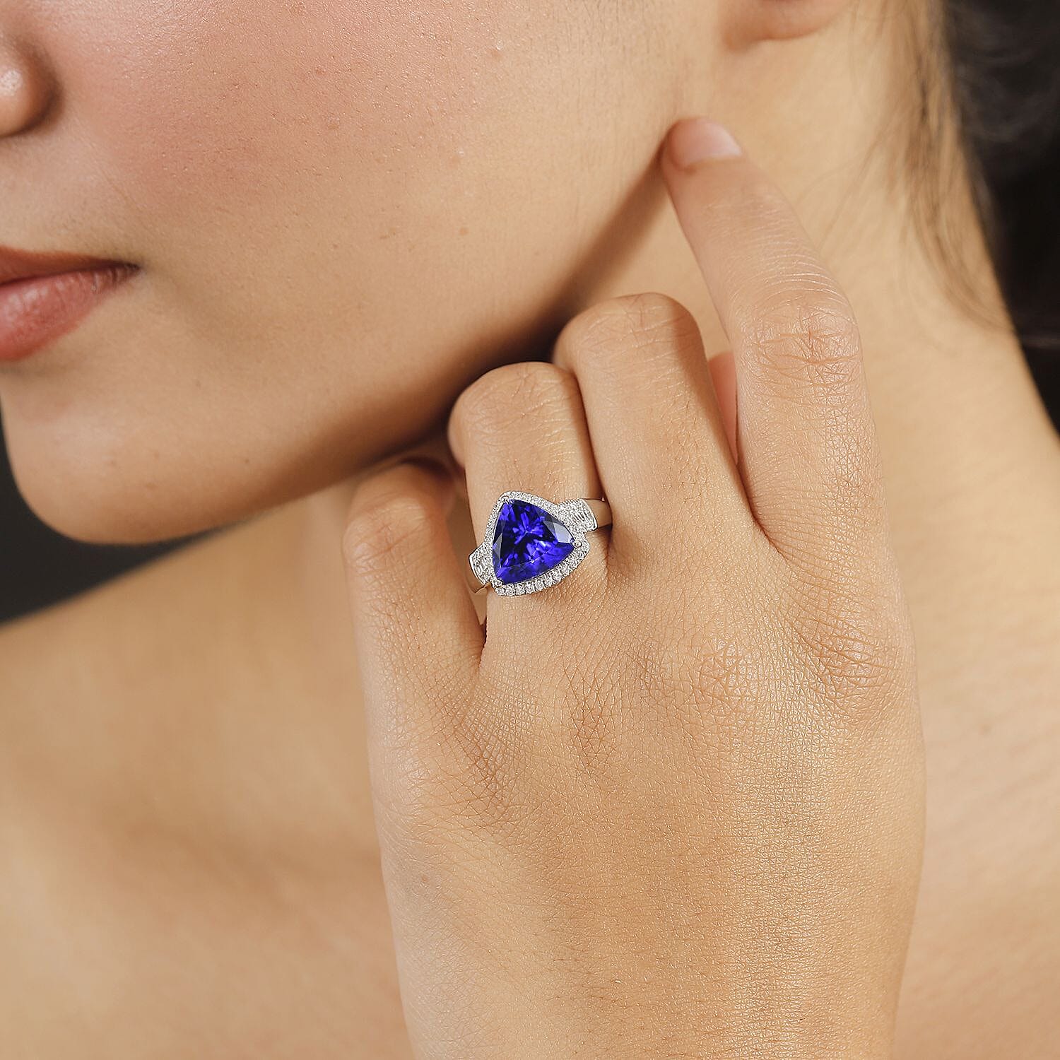 RHAPSODY 950 Platinum AAAA Tanzanite & White Diamond (VS-E-F) Trillion Ring 5.57 Ct.