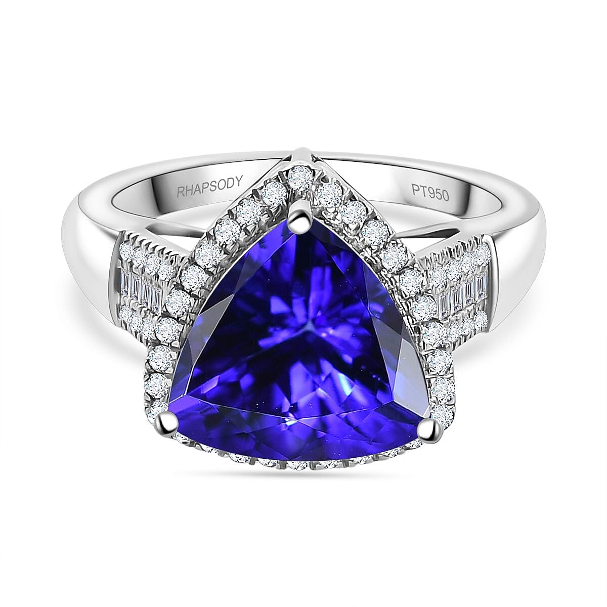 RHAPSODY 950 Platinum AAAA Tanzanite & White Diamond (VS-E-F) Trillion Ring 5.57 Ct.