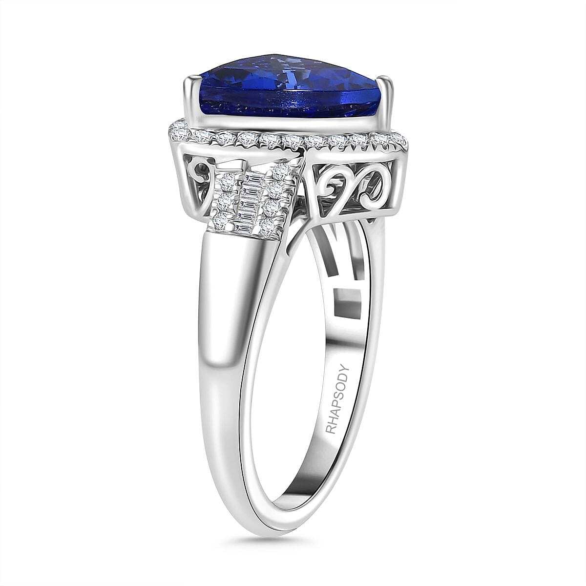RHAPSODY 950 Platinum AAAA Tanzanite & White Diamond (VS-E-F) Trillion Ring 5.57 Ct.