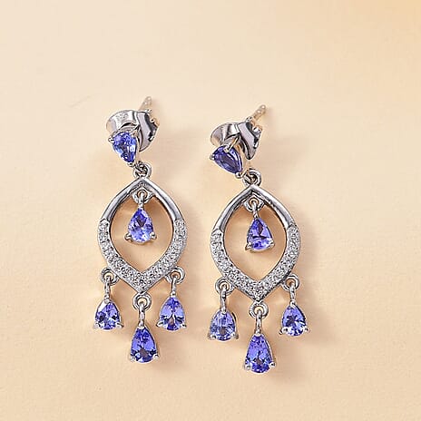 Tanzanite & White Zircon Dangling Earring in Rhodium Overlay Sterling Silver 2.72 ct