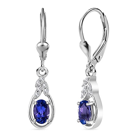 Tanzanite, White Zircon Solitaire Lever Back Earrings in Rhodium Overlay Sterling Silver