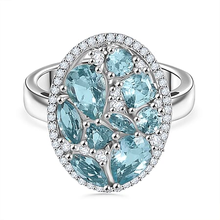 Blue Lagoon Apatite & White Zircon Cluster Ring in Rhodium Overlay Sterling Silver 4.64 Ct.