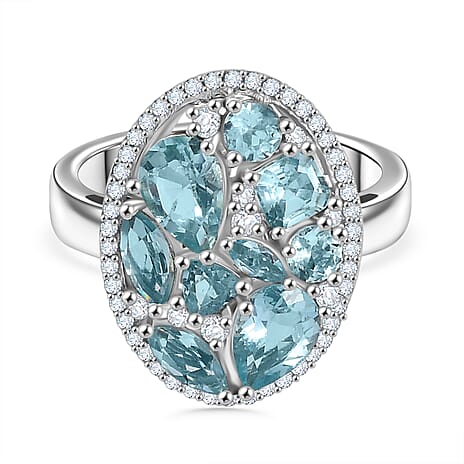 Blue Lagoon Apatite & White Zircon Cluster Ring in Rhodium Overlay Sterling Silver 4.64 Ct.