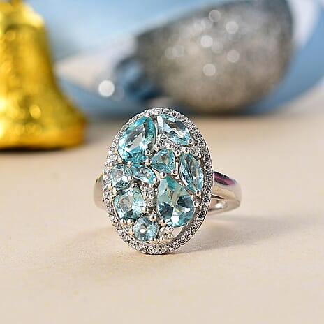Blue Lagoon Apatite & White Zircon Cluster Ring in Rhodium Overlay Sterling Silver 4.64 Ct.