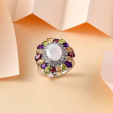 Ethiopian Opal & Multi gemstones Cluster Ring in Rhodium Overlay Sterling Silver 5.37 ct