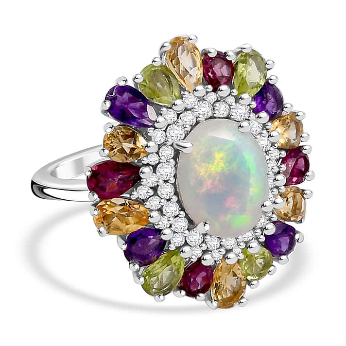 Ethiopian Opal, Multi Gemstones Halo Ring in Rhodium Overlay Sterling Silver
