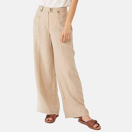 Charlotte West Womens Linen High-Waisted Wide Leg Trousers (Size 10) - Stone
