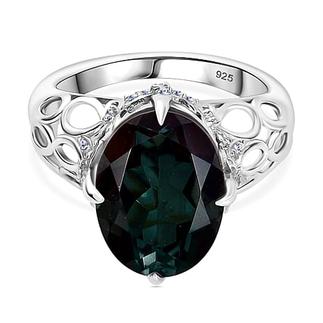 Alexandrite Triplet Quartz, White Zircon Cluster Ring in Rhodium Overlay Sterling Silver 6.53 Ct.