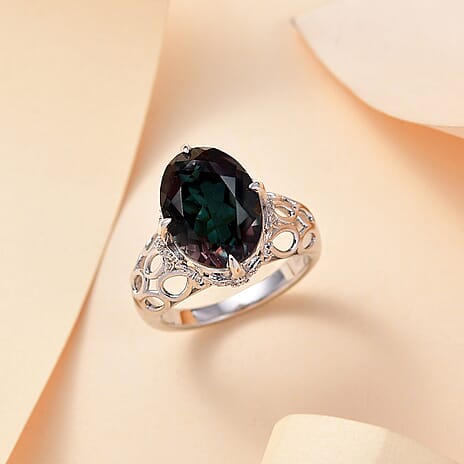 Alexandrite Triplet Quartz, White Zircon Cluster Ring in Rhodium Overlay Sterling Silver 6.53 Ct.