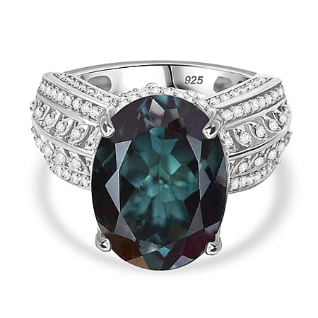 Alexandrite Triplet Quartz, White Zircon Cocktail Ring in Rhodium Overlay Sterling Silver