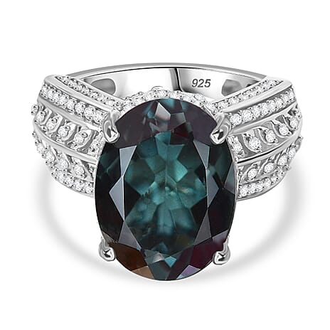 Indicolite Colour Quartz & White Zircon Ring in Rhodium Overlay Sterling Silver 11.06 Ct, Silver Wt. 6.62 Gms.