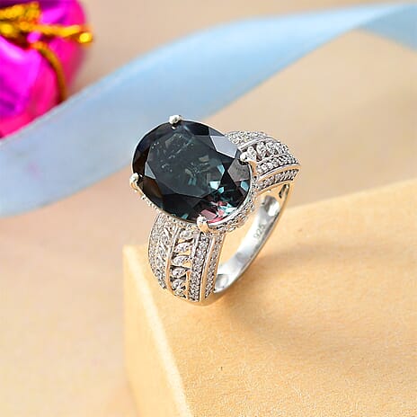 Indicolite Colour Quartz & White Zircon Ring in Rhodium Overlay Sterling Silver 11.06 Ct, Silver Wt. 6.62 Gms.