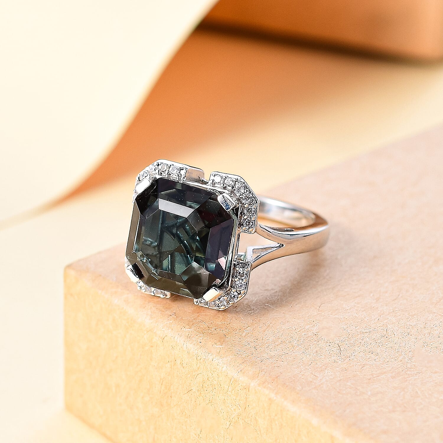 Alexandrite Triplet Quartz & White Zircon Ring in Rhodium Overlay Sterling Silver 7.95 Ct.