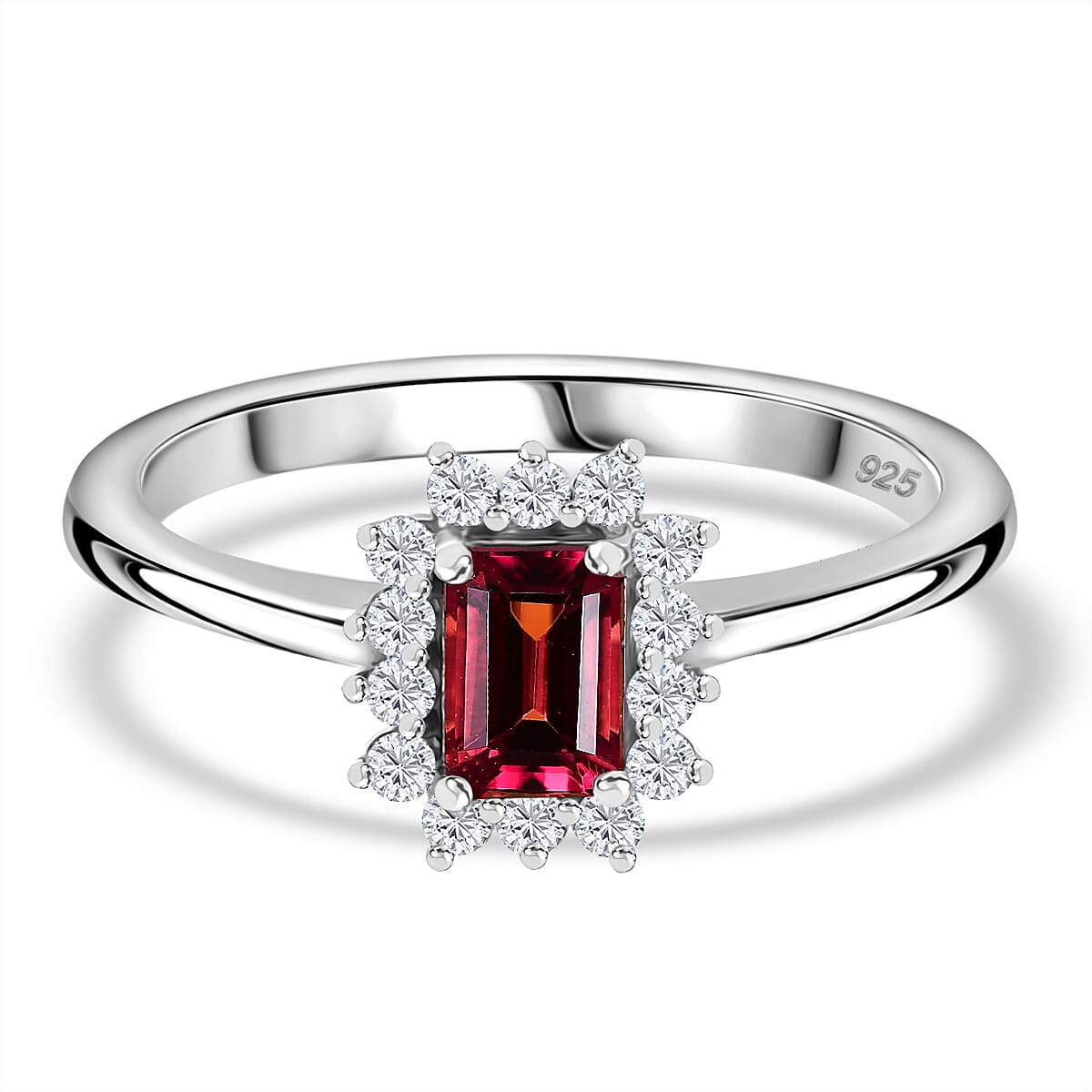 IBADAN Rubellite & Lab Grown Diamond Ring in Rhodium Overlay Sterling Silver