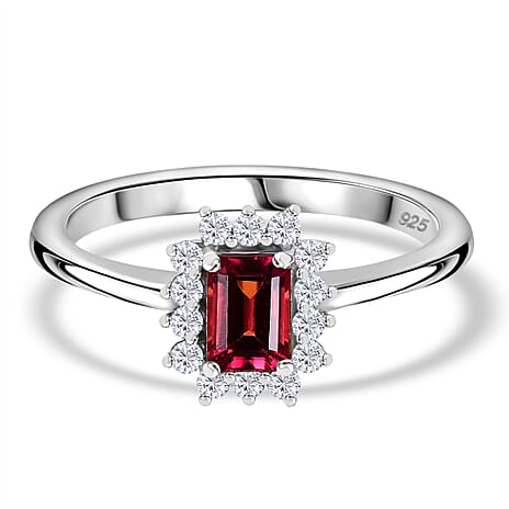 IBADAN Rubellite & Lab Grown Diamond Solitaire Ring in Rhodium Overlay Sterling Silver