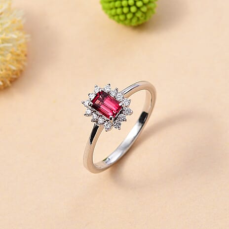 IBADAN Rubellite & Lab Grown Diamond Solitaire Ring in Rhodium Overlay Sterling Silver