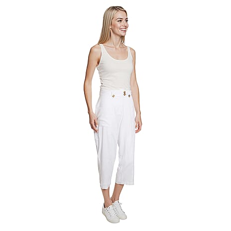 Charlotte West Linen Relaxed Fit Wide Leg Capri Trouser (Size 14) - White