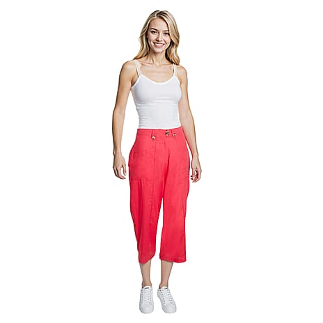 Charlotte West Linen Relaxed Fit Wide Leg Capri Trouser (Size 10) - Raspberry