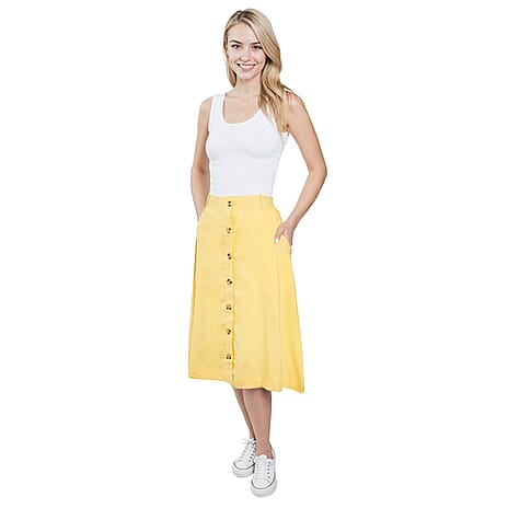 THE BEST EVER SALE PRICE OFFER - - Charlotte West Ladies Linen Button A-Line Midi Skirt (Size 12) - Lemon