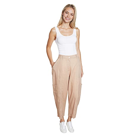 La Marey Relaxed Fit 3-4 Length Cargo Capri Pants with Pockets (Size 10) - Stone